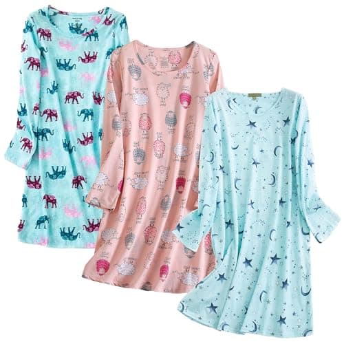 Inadays 3 Pack Women's Cotton Nightgowns Long Sleeves Fun Print Sleepwear