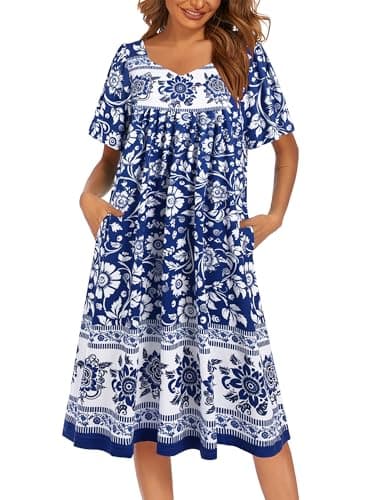 Ekouaer Women's Pleated Nightgown - Short Sleeves & Pockets