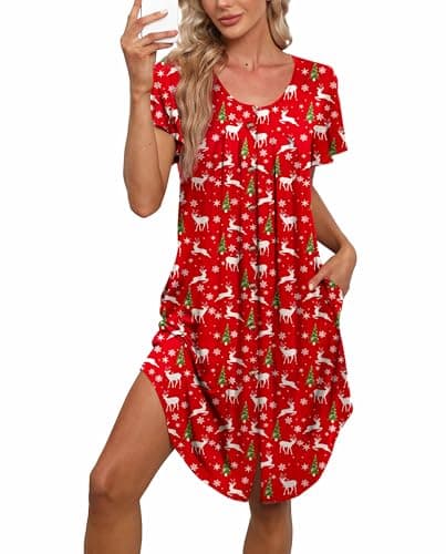 BestShow Women's Button Down Nightgown with Pleated Front & Hand Pockets