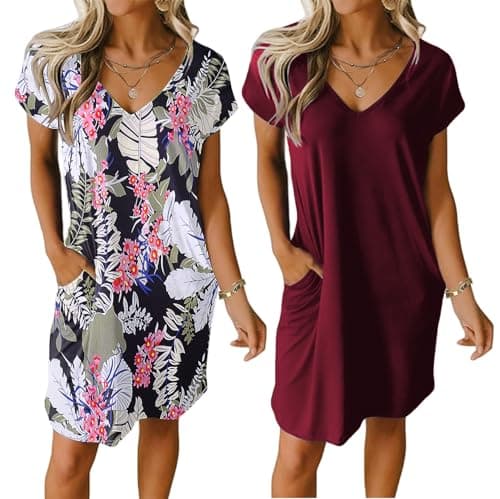 Ekouaer Womens V Neck Short Sleeve Nightgown with Pockets Plain/Floral