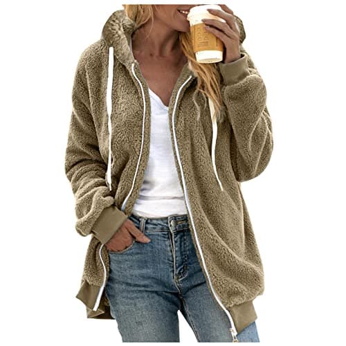 Refined Title: Women's Fashion Hooded Jacket with Drawstring, Zipper Pockets, and Plush Sweater Material