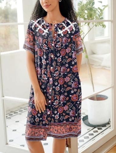 Ekouaer Women's Button Down Short Sleeve House Dress with Pockets S-4XL