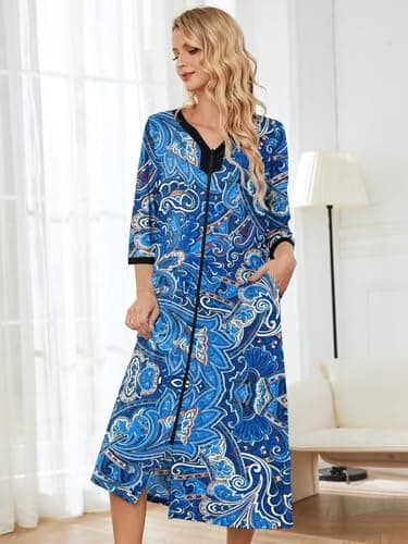 PITINAN Moo Moo Zip-Up Robe for Women Long Lounge Dress S-3XL