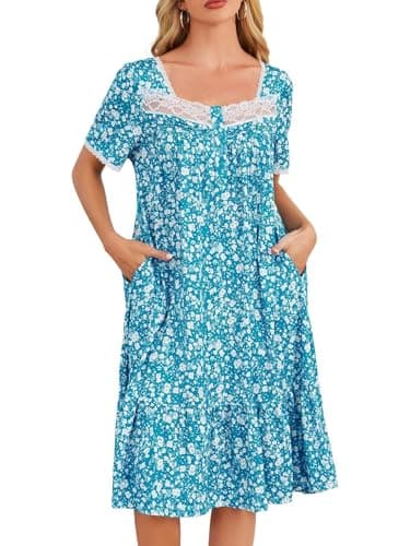 Cripom Women's Long Nightgowns with Lace Collar & Floral Print Pockets S-3XL
