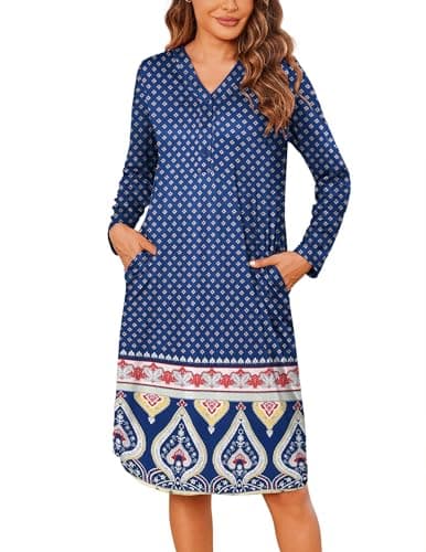 Ekouaer Women's Long Sleeve Nightgown with Pockets