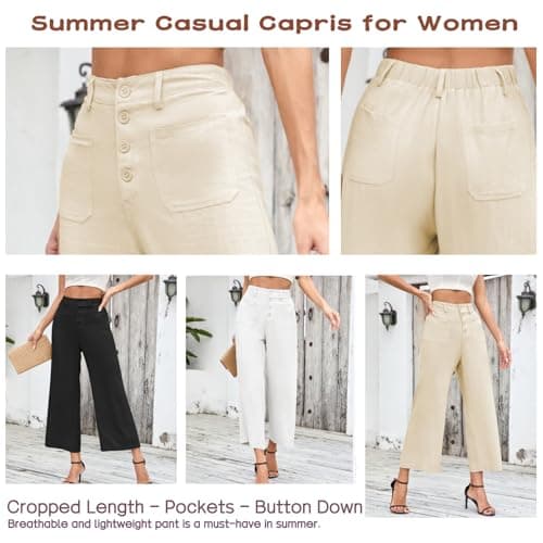 Famulily Women's Linen Button Down Wide Leg Cropped Pants with Pockets
