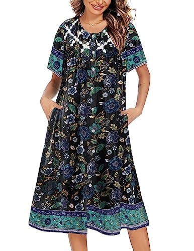 Ekouaer Women's Button Down Short Sleeve House Dress with Pockets S-4XL