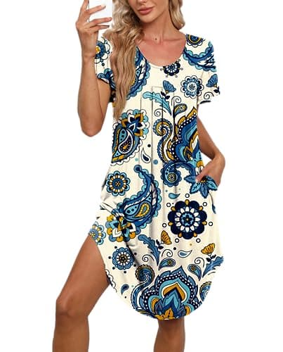 Bestshow Women's Pleated Front Loose Fit Short Sleeve Nightgown with Hand Pockets (S-5XL)