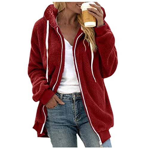 Refined Title: Women's Fashion Hooded Jacket with Drawstring, Zipper Pockets, and Plush Sweater Material