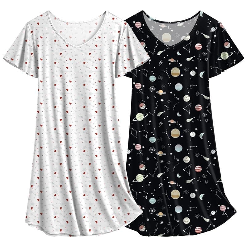 Ekouaer Women's Flare Short Sleeve V-Neck Nightgown 2-Pack S-2XL