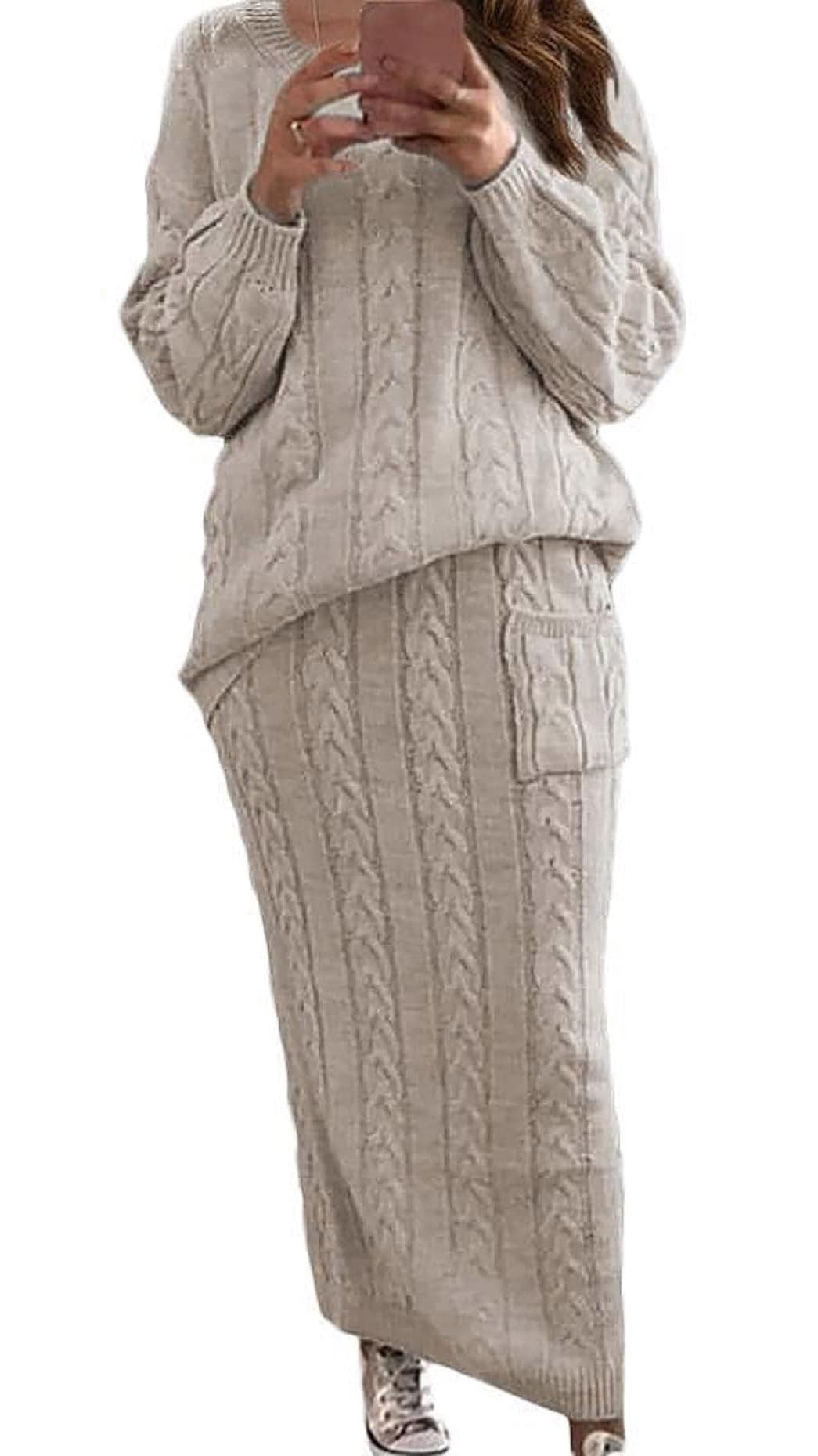 UTCOCO Women's Chunky Cable Knit Sweater & Skirt Set