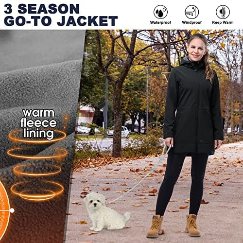 Women's 33,000ft Waterproof Softshell Long Rain Jacket With Hood Fleece Lined