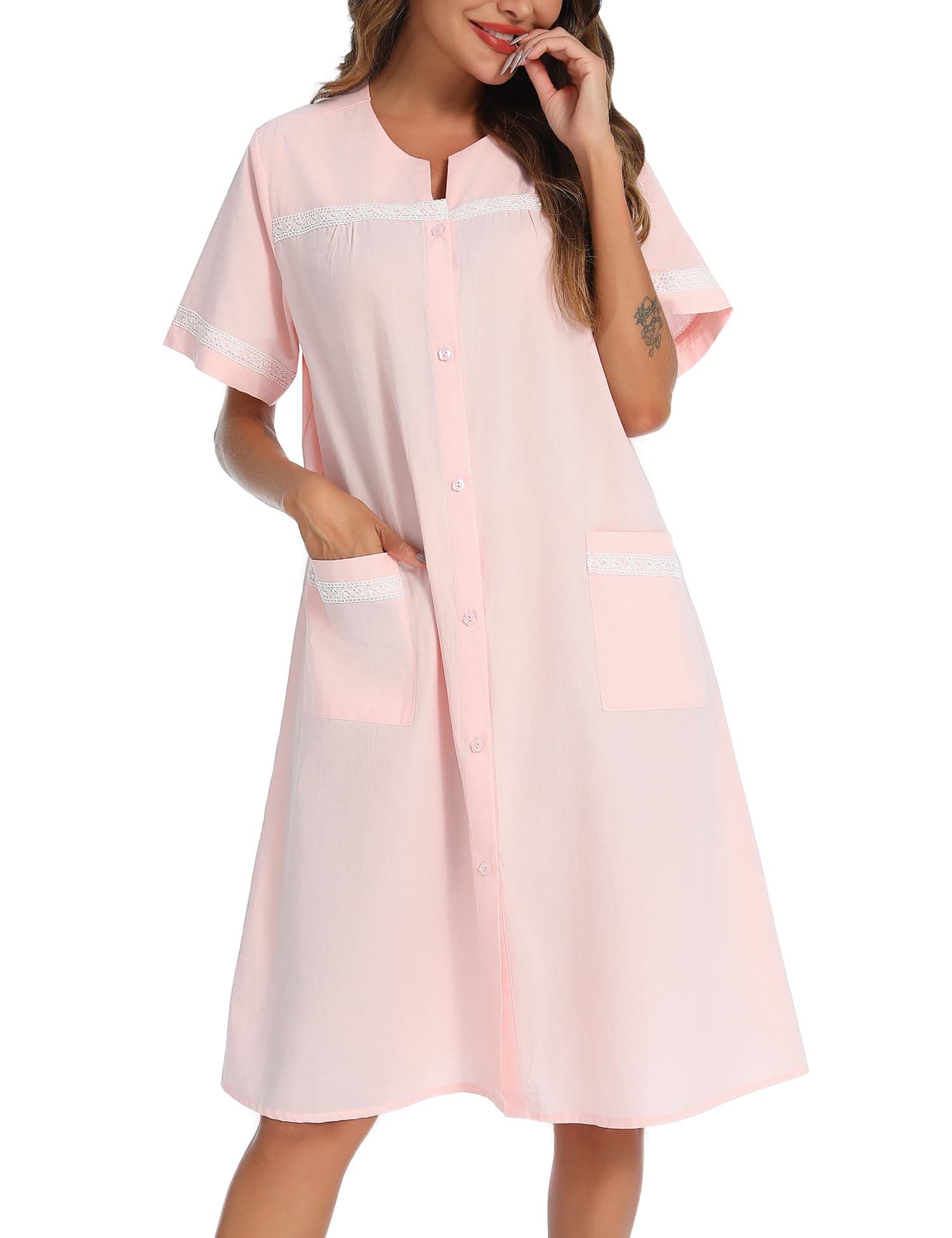 Vslarh 100% Cotton Women's Short Sleeve Nightgown with Pockets