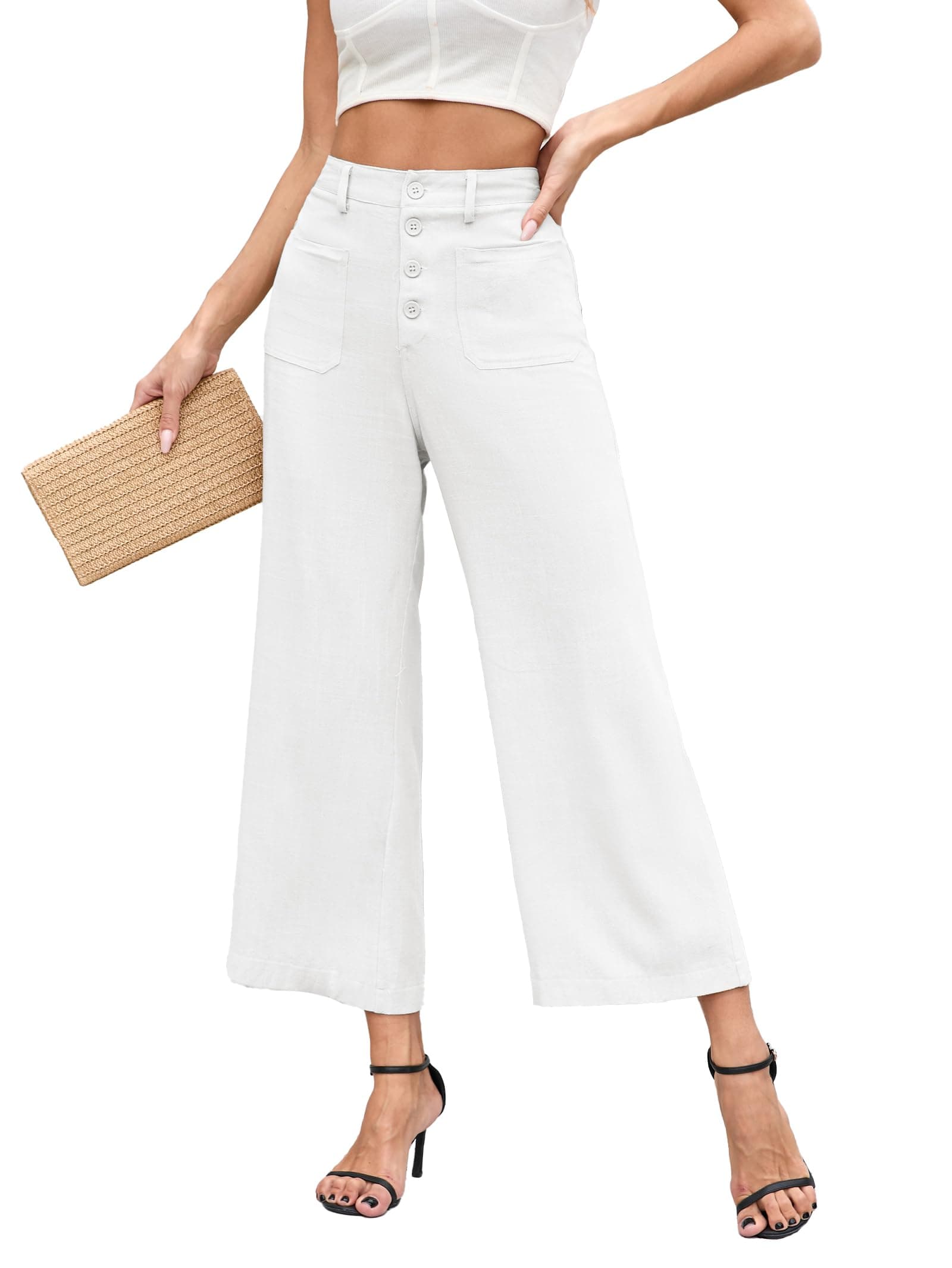Famulily Women's Linen Button Down Wide Leg Cropped Pants with Pockets