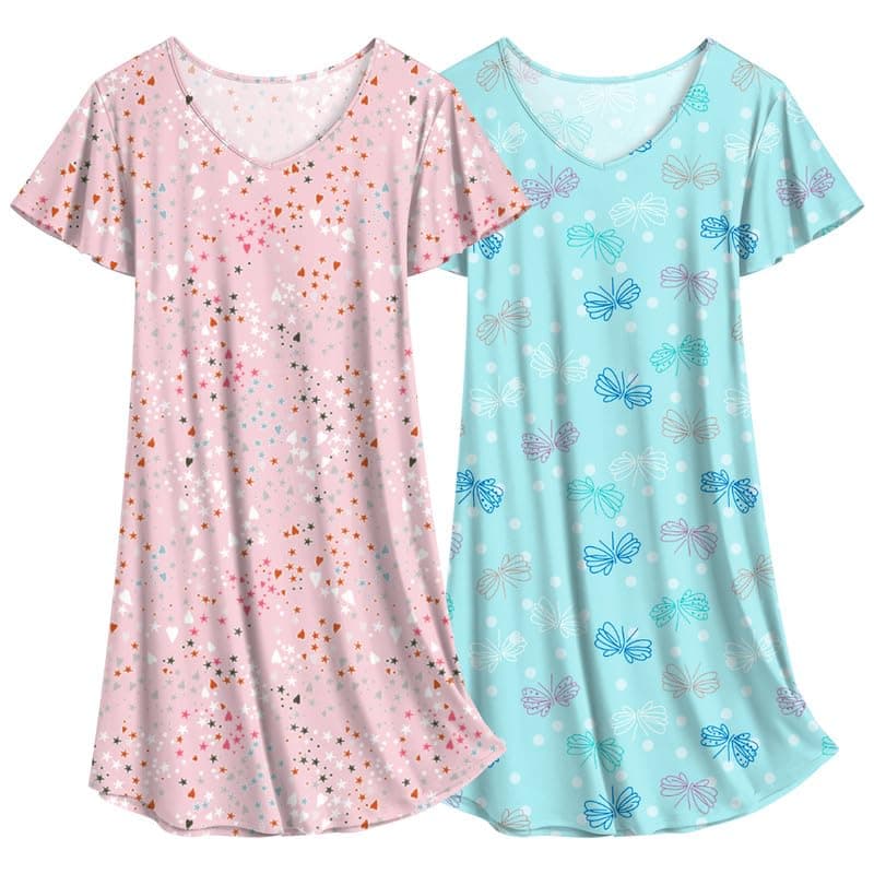 Ekouaer Women's Flare Short Sleeve V-Neck Nightgown 2-Pack S-2XL