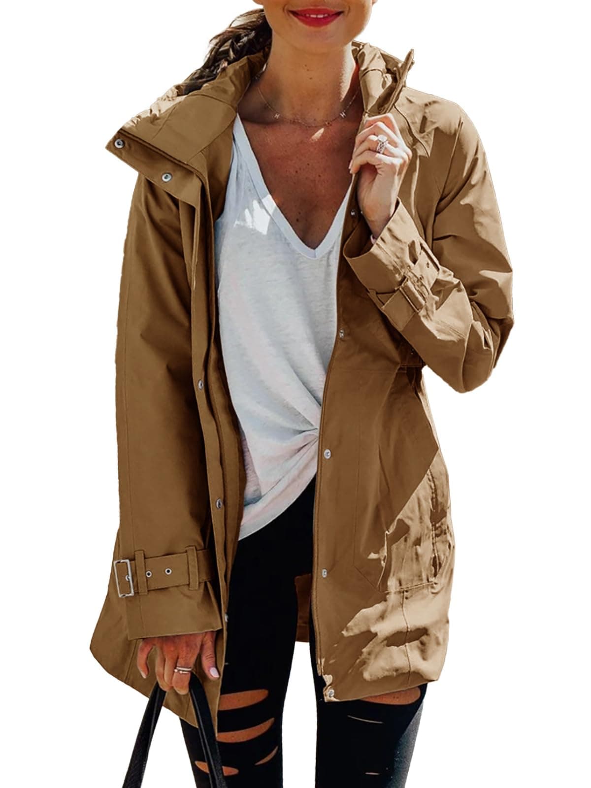 Tankaneo Women's Zip-Up Trench Coat with Pockets Windproof Jacket