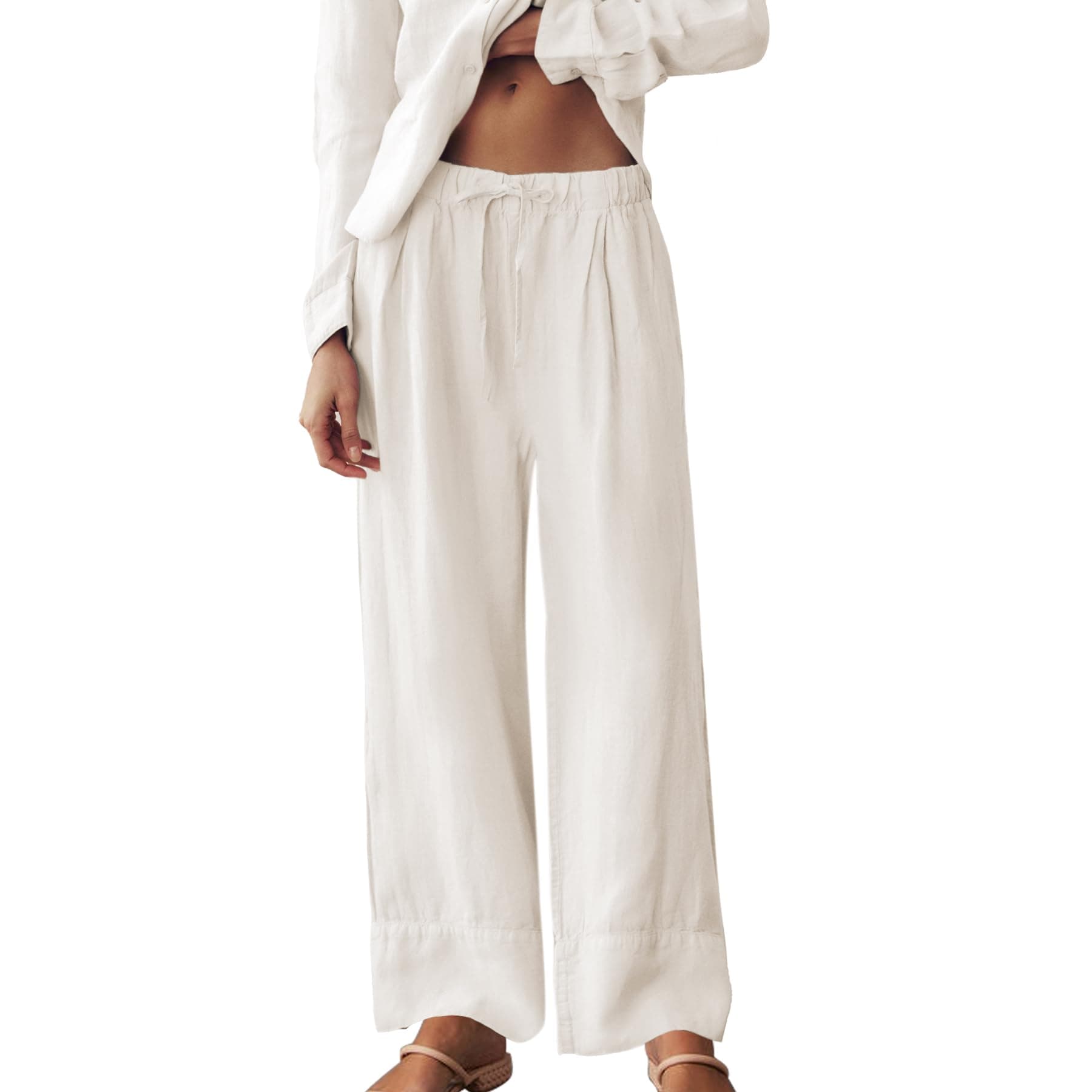Ainangua Women's Linen Palazzo Pants with Elastic Drawstring Waist