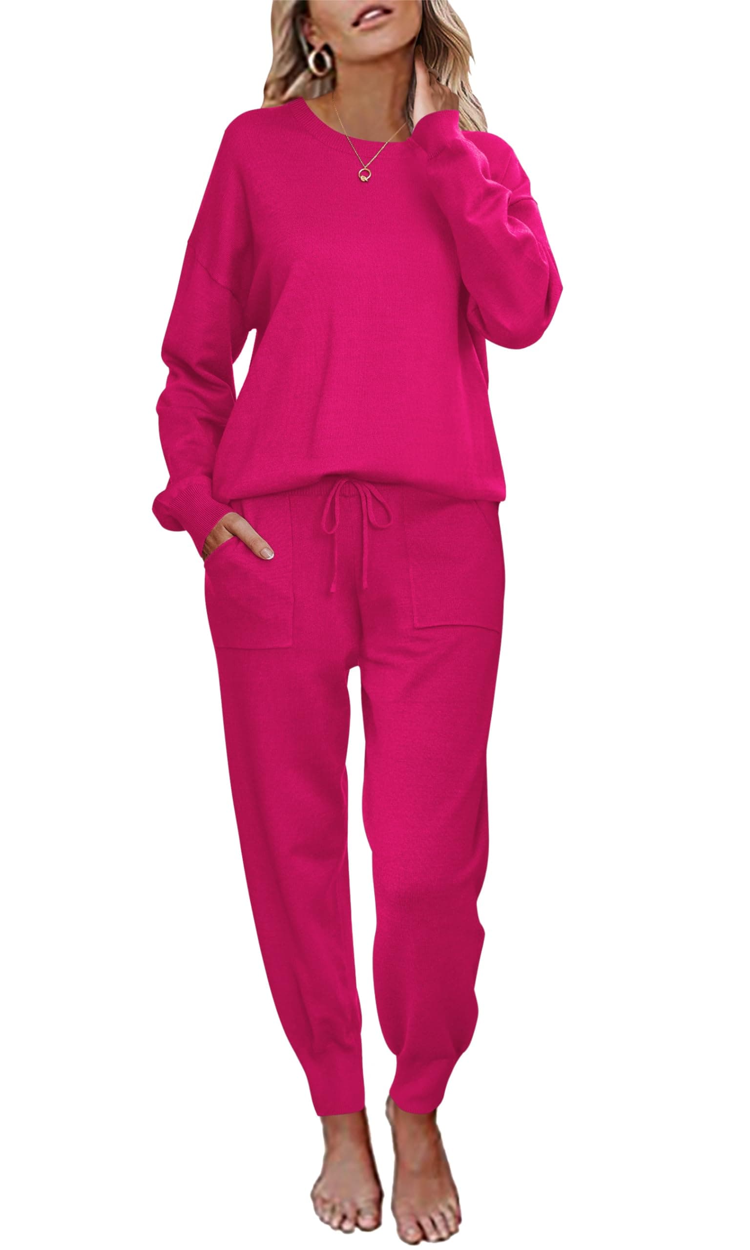 Ekouaer Women's Long Sleeve Knit Pajama Set with Pockets S-XXL