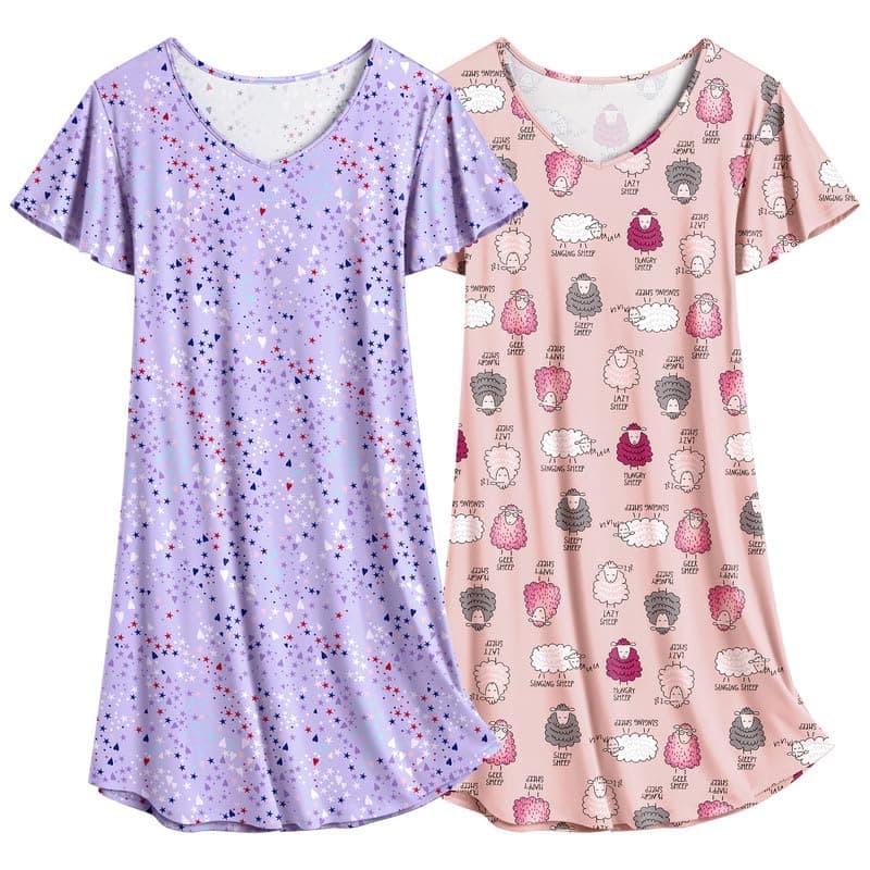 Ekouaer Women's Flare Short Sleeve V-Neck Nightgown 2-Pack S-2XL