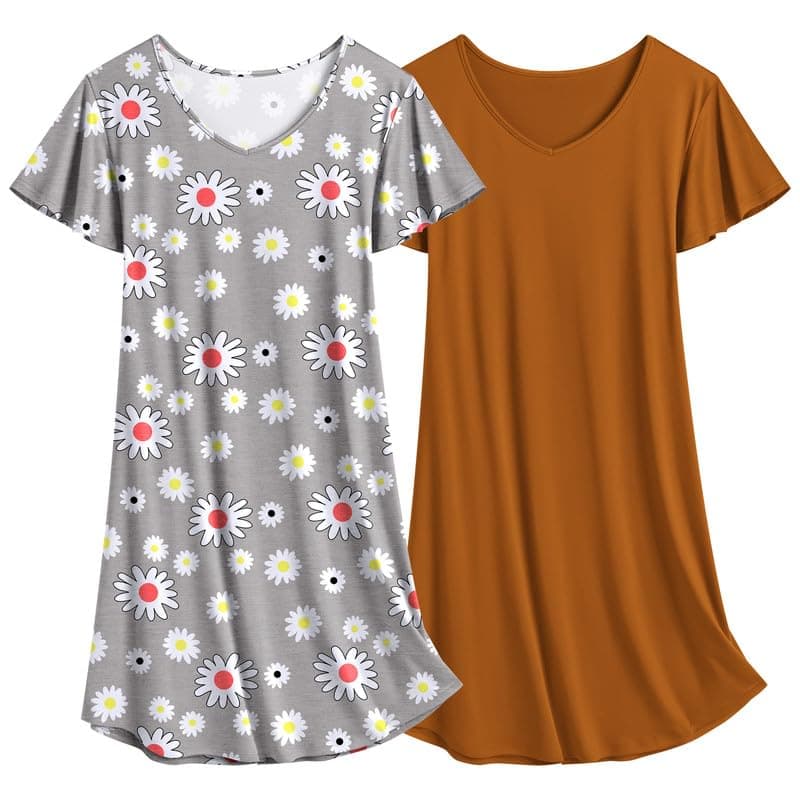 Ekouaer Women's Flare Short Sleeve V-Neck Nightgown 2-Pack S-2XL