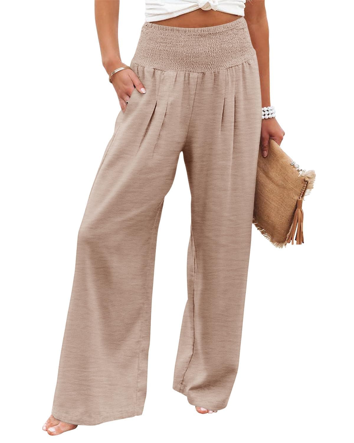 PrinStory Women's High-Waisted Summer Palazzo Pants Wide Leg Cotton Linen