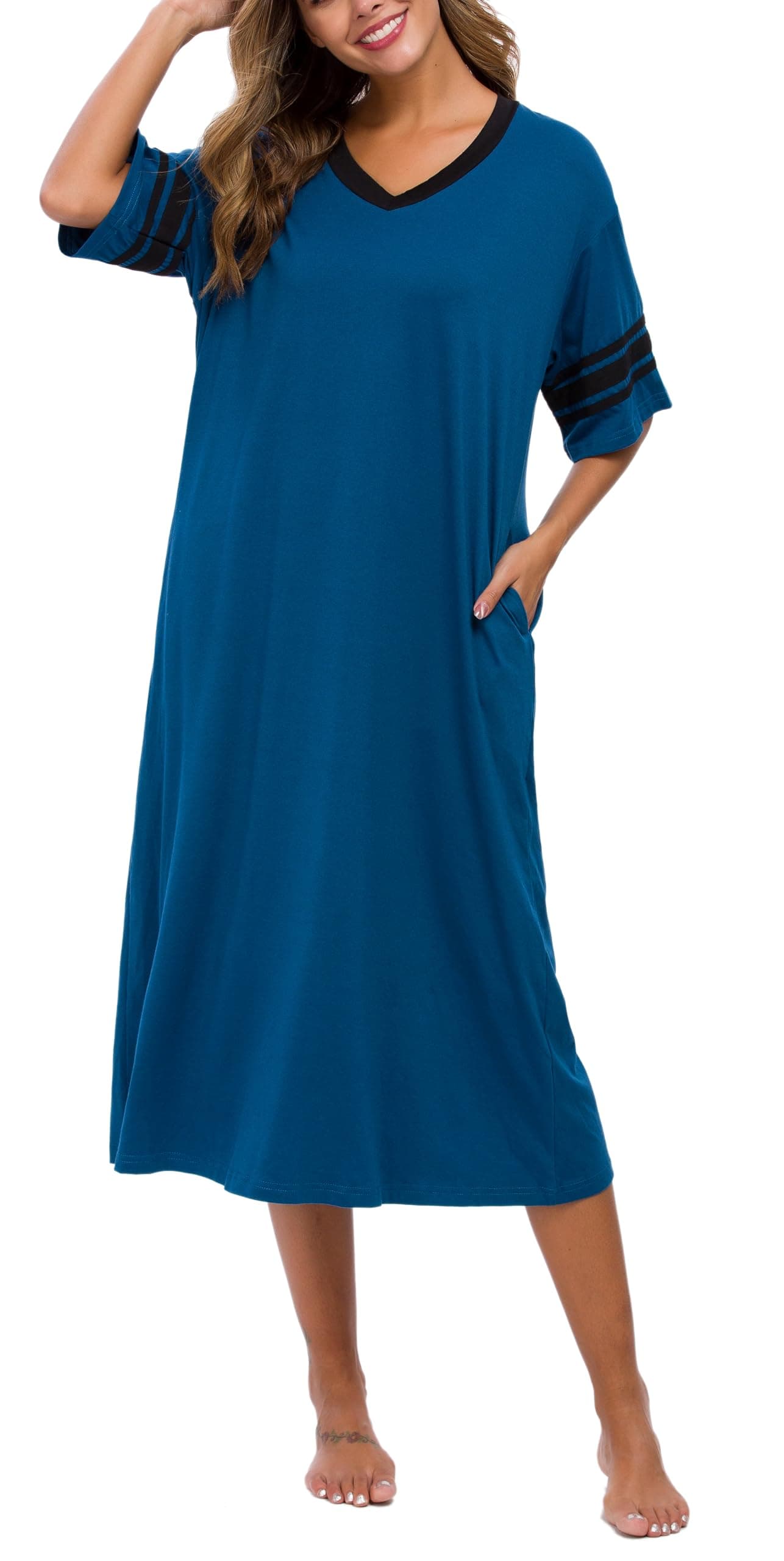 Vslarh Women's Soft V-Neck Knit Nightgown with Pockets S-XXL