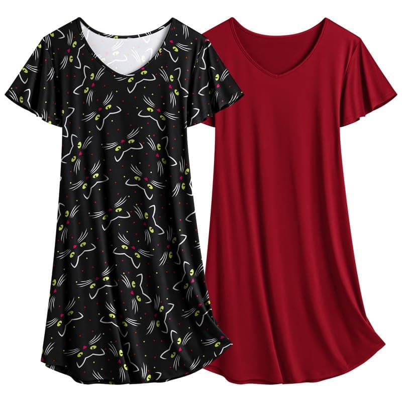 Ekouaer Women's Flare Short Sleeve V-Neck Nightgown 2-Pack S-2XL