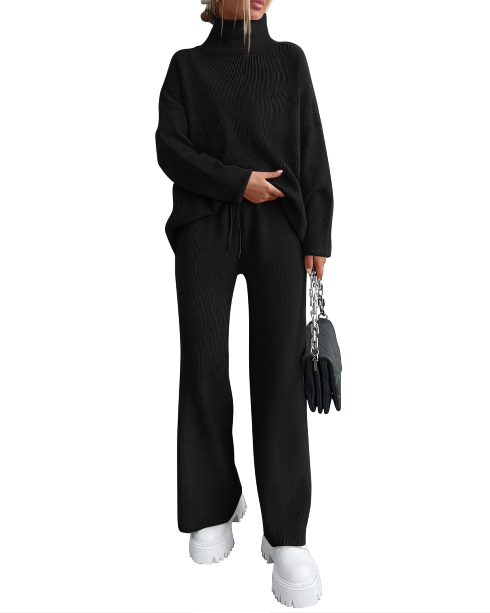 Dowerme Women's High Neck Chunky Knit SetWide Leg Pant Loungeewear Set