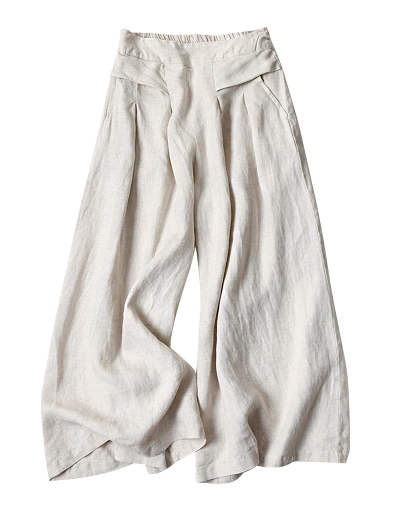 Gihuo Women's Wide Leg Linen Blend Culottes Pants with Pockets