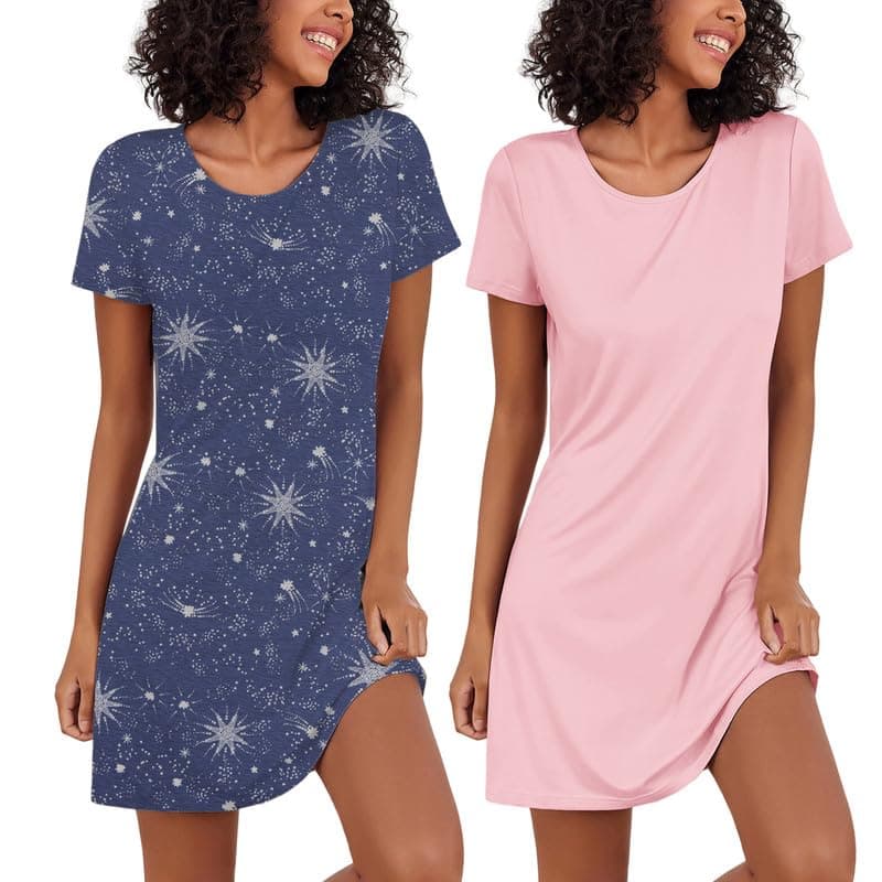 Ekouaer 2 Pack Soft Short Sleeve Nightgowns for Women Sleapwear S-XXL