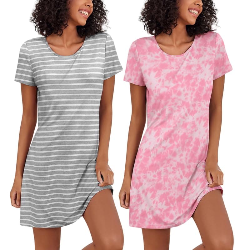 Ekouaer 2 Pack Soft Short Sleeve Nightgowns for Women Sleapwear S-XXL