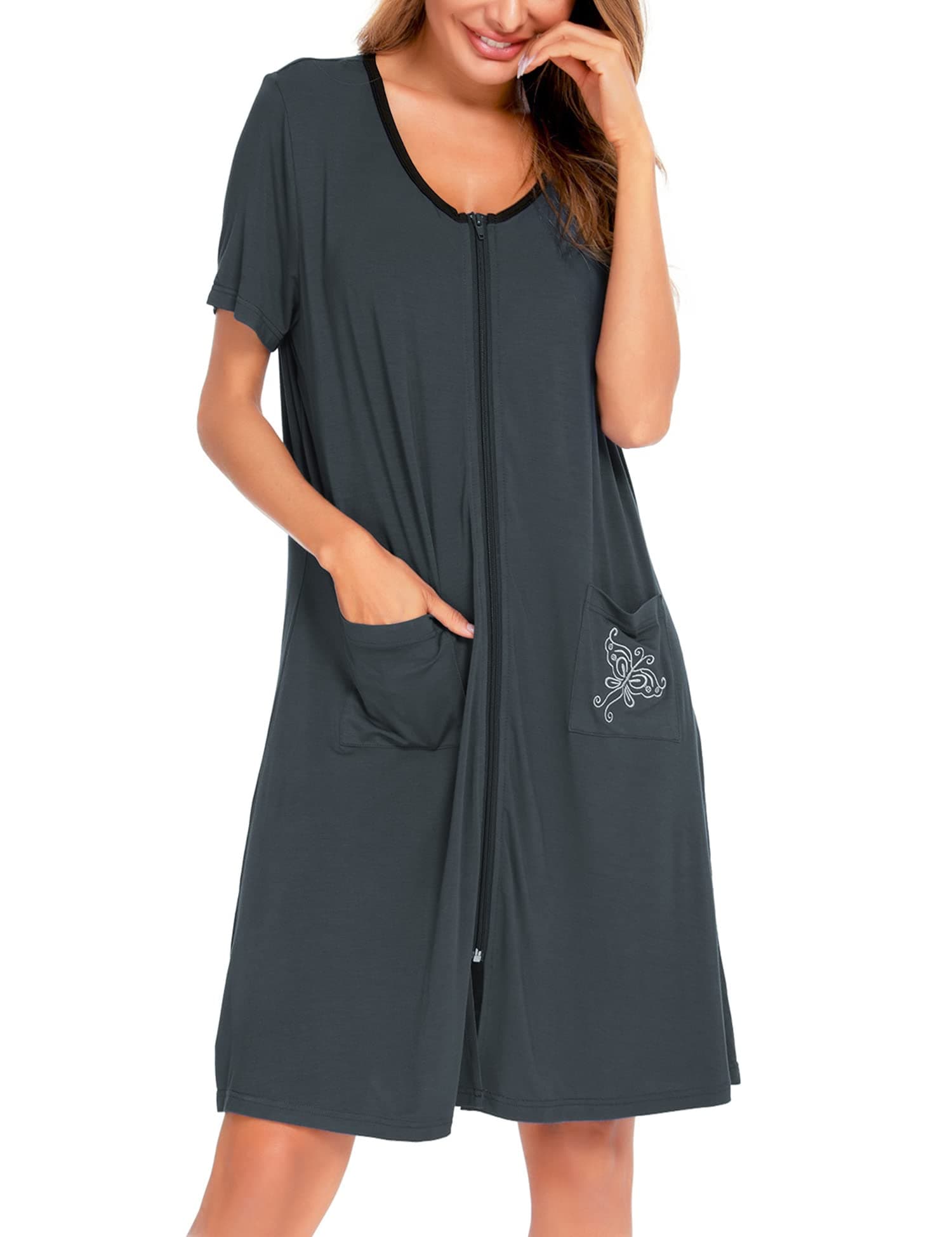 SWOMOG Women's Zip Up Lightweight Bathrobe with Pockets