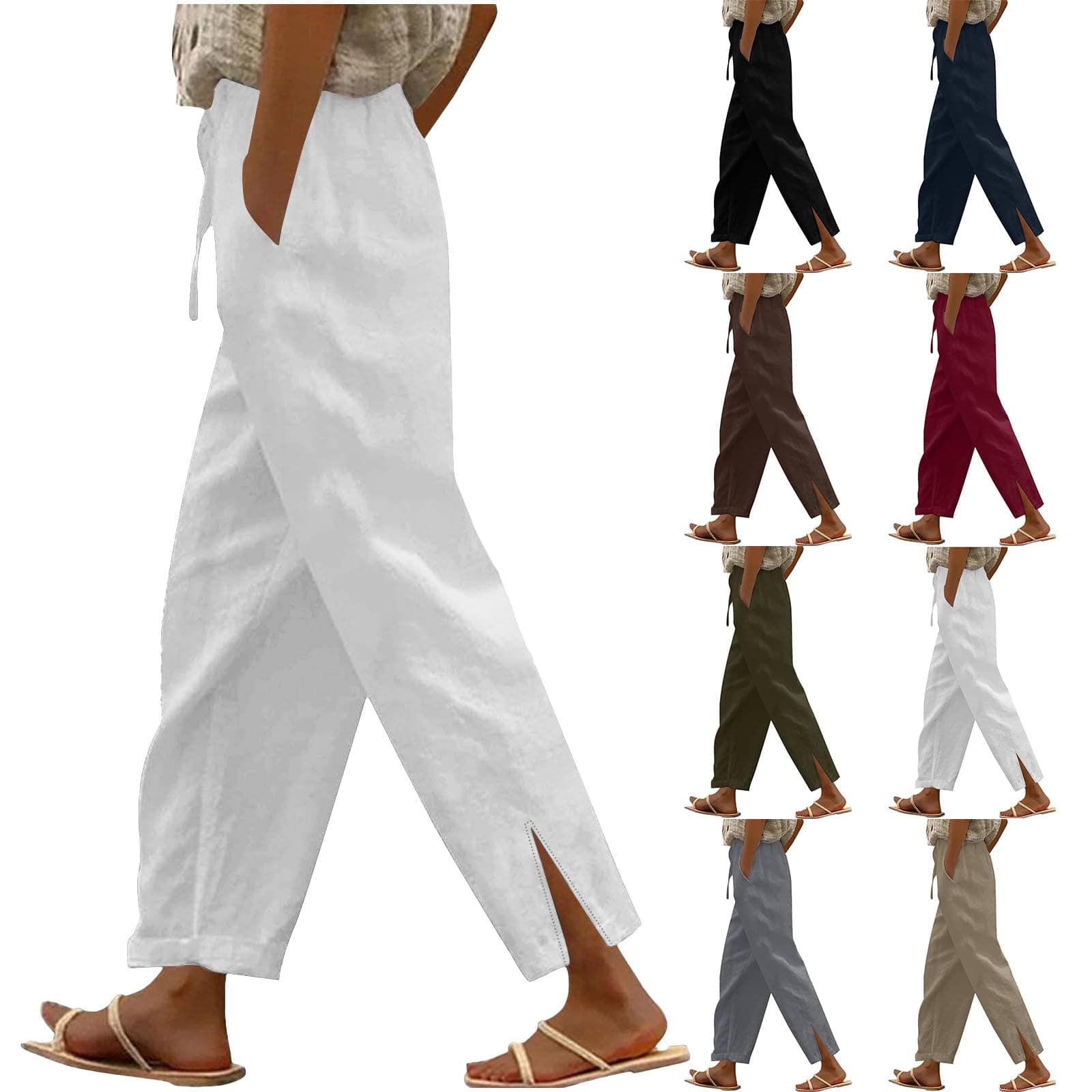 High Waisted Elastic Drawstring Linen Pants for Women Beach Casual Wide Leg Pockets