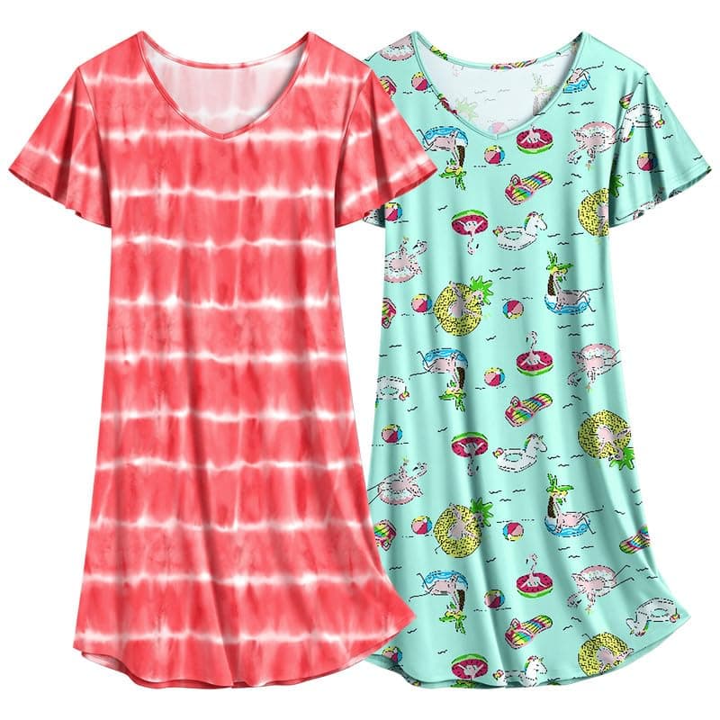 Ekouaer Women's Flare Short Sleeve V-Neck Nightgown 2-Pack S-2XL