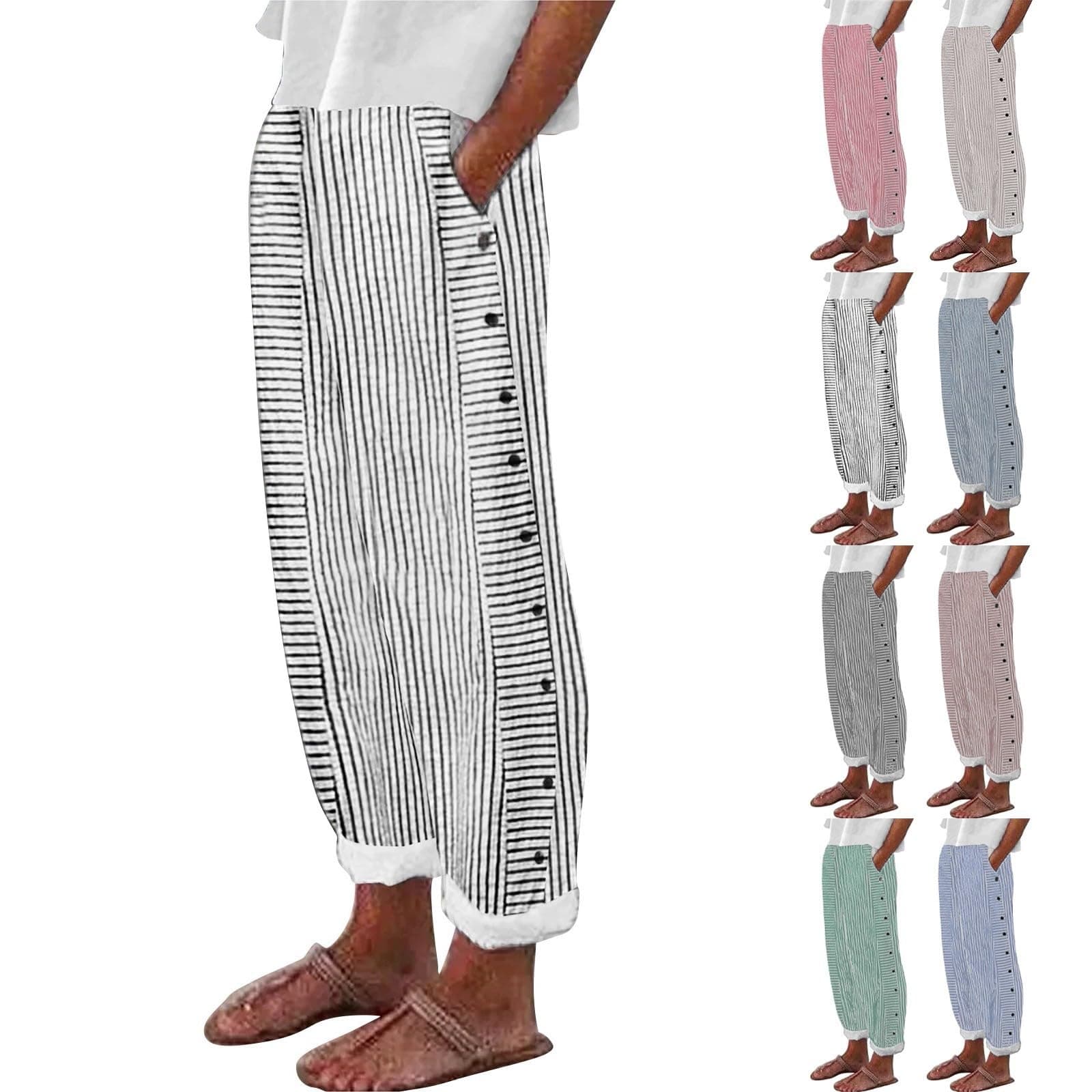 Trendy Women's Casual Linen Pants with Side Buttons and Pockets