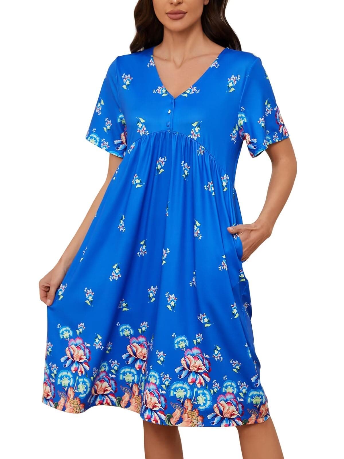 Crimson Floral Print Nightgown with Pockets - Women's S-4XL