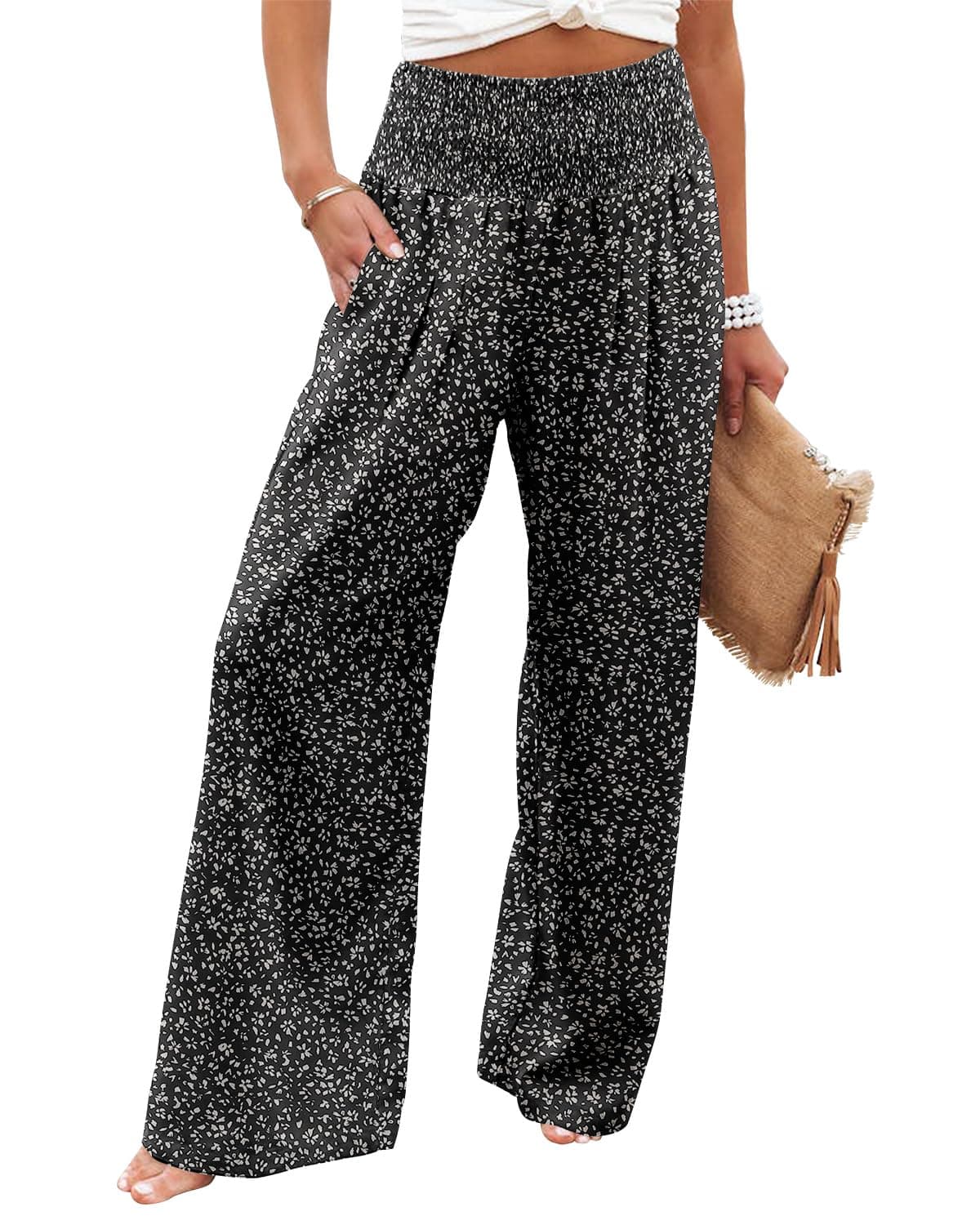 Angerella Women's High Waist Elastic Palazzo Pants with Pockets