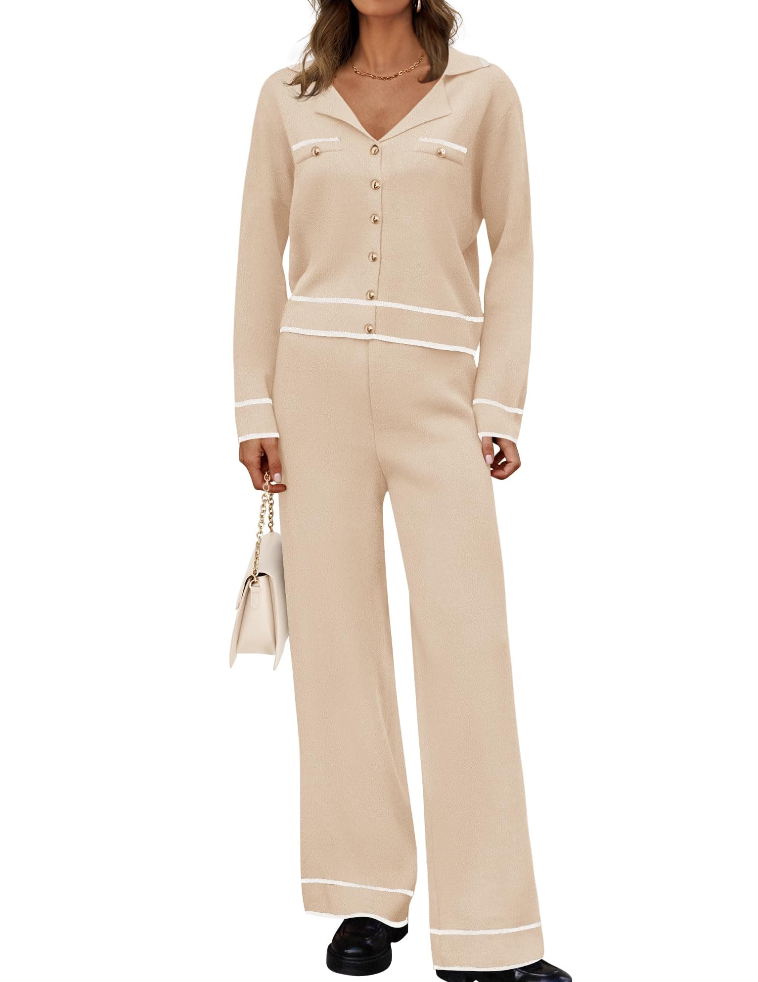 ZESICA Women's Fall Long Sleeve Knit Set V-Neck Sweater & Wide Leg Pants