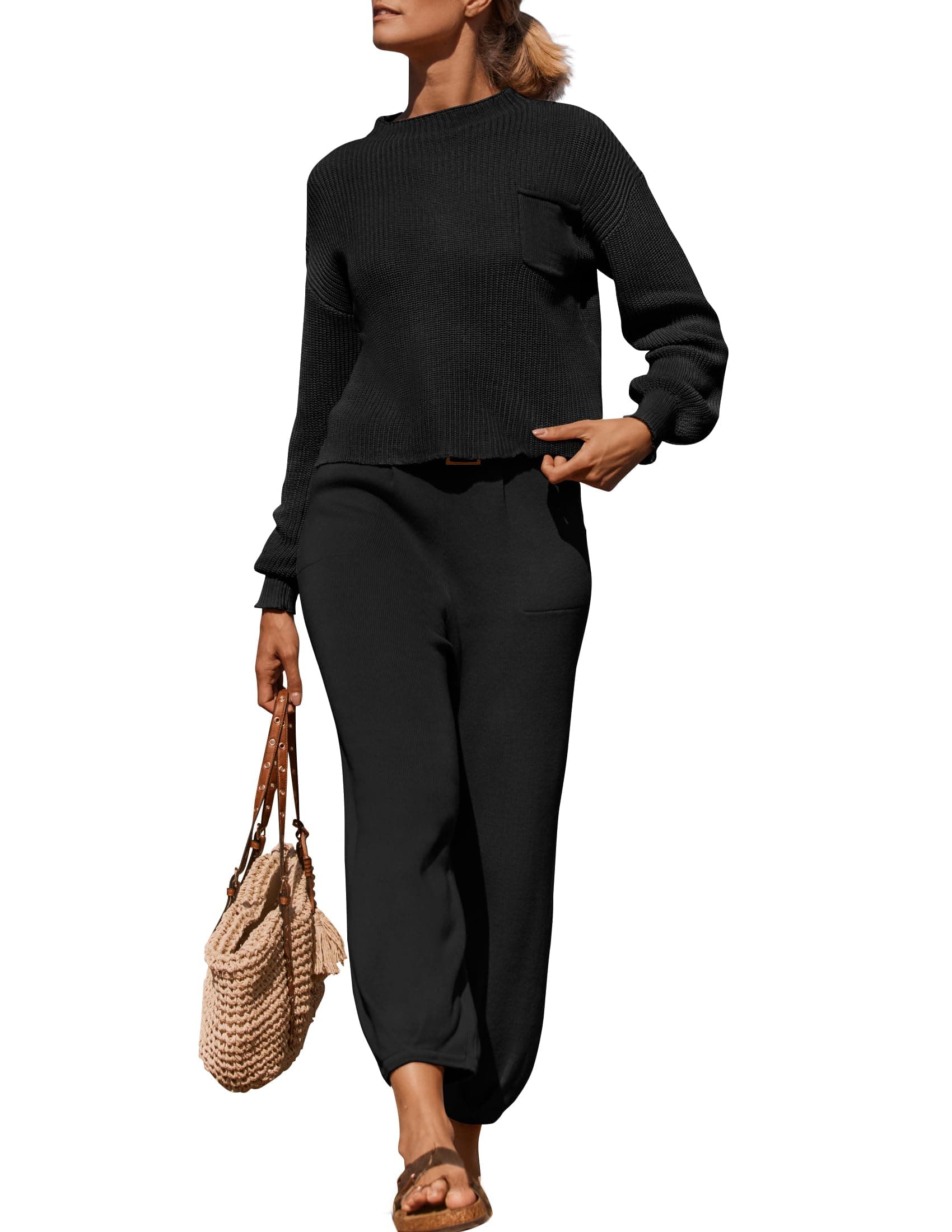 ZESICA Women's Sweater Set: Mock Neck Knit Pullover Top with High Waist Pant