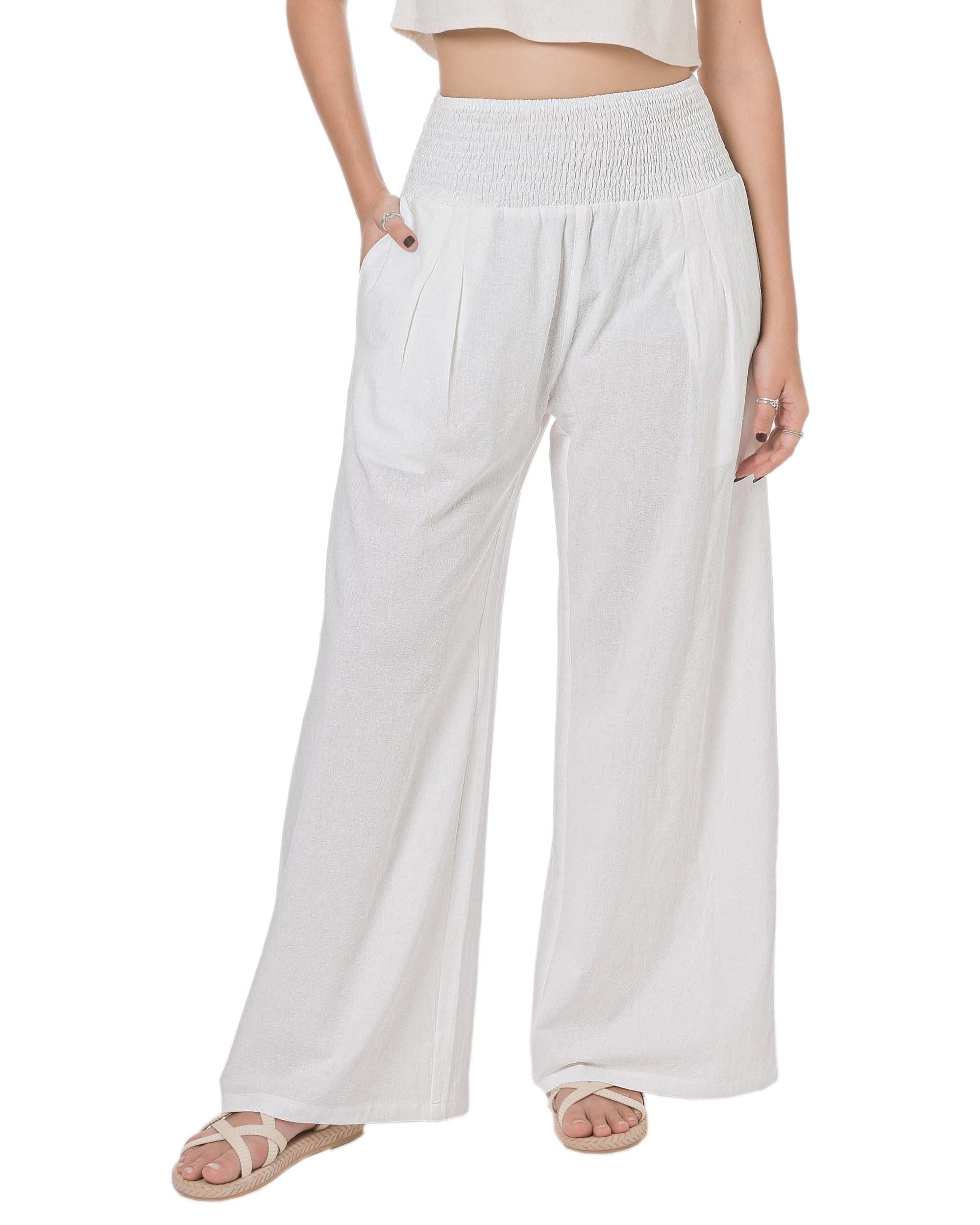 LOFBAZ Women's Summer High-Waisted Palazzo Pants Wide Leg Cotton Linen Bohoadow Pants with Pockets