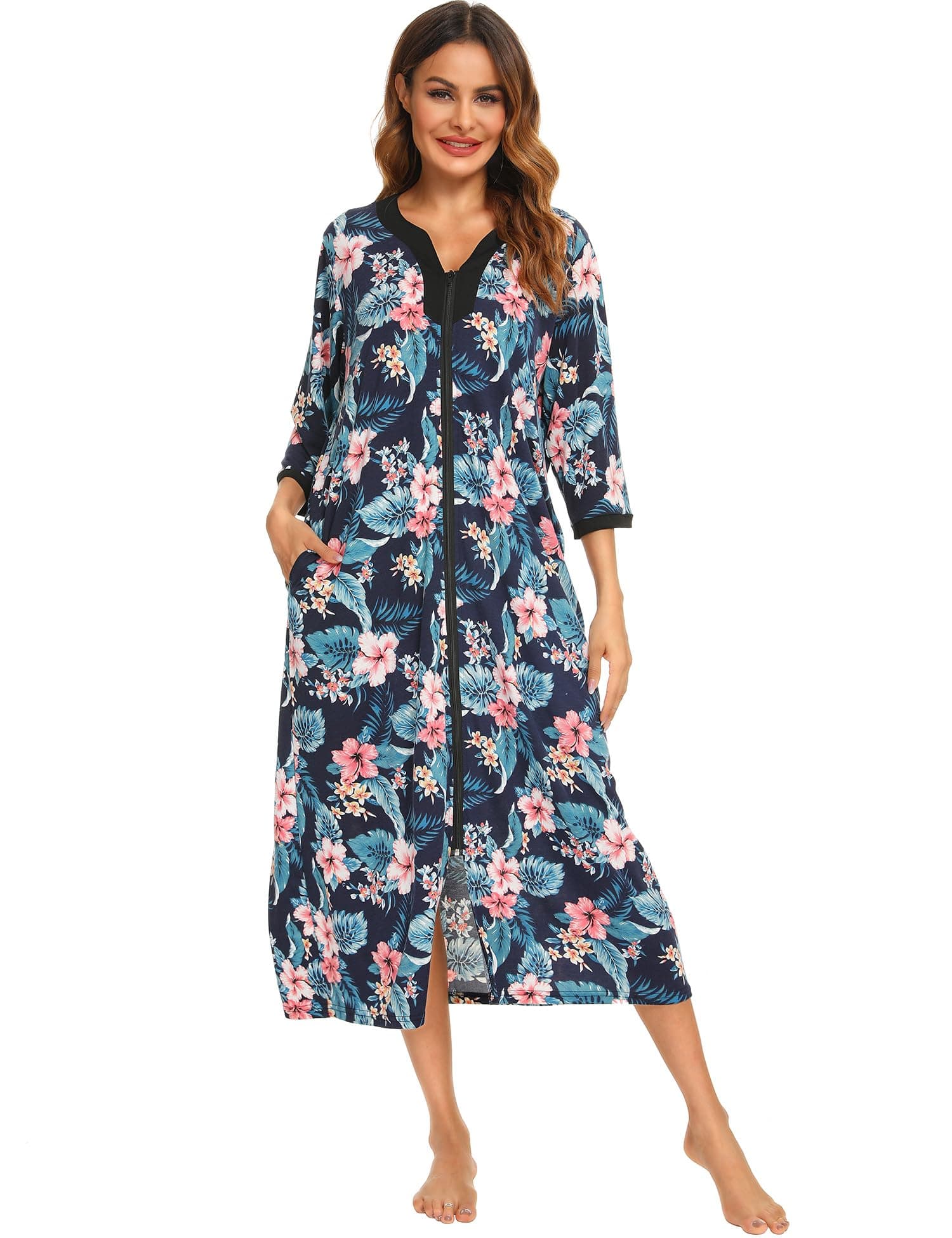 Bloggerlove Soft Cotton Zip Up Robes for Women Night Gown Long House Coat Half Sleeve Sleepwear