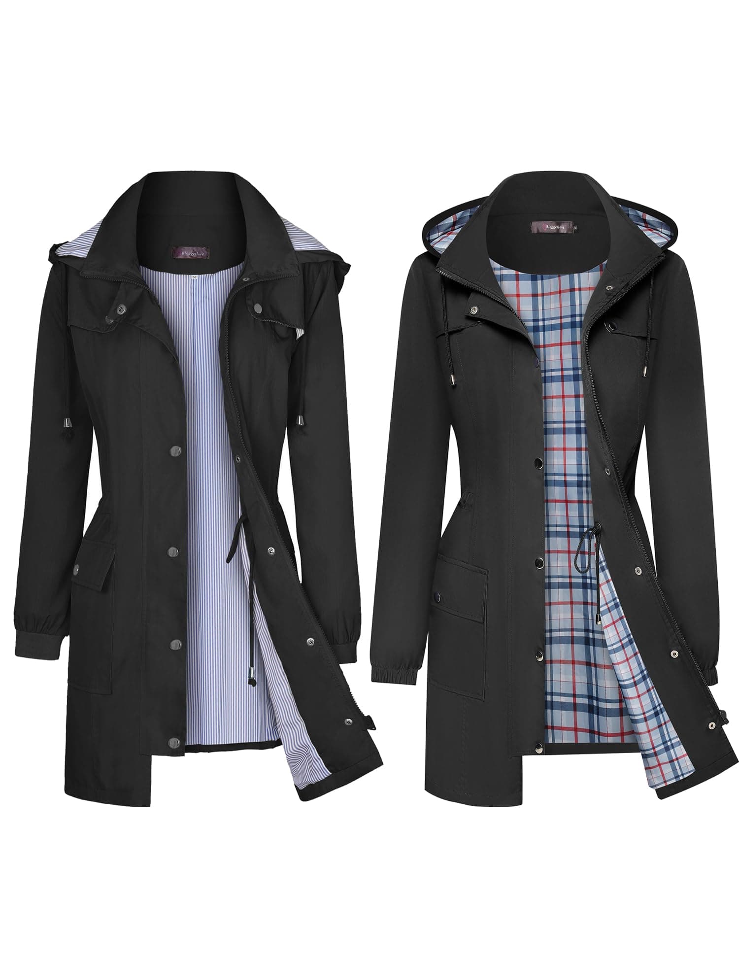 Bloggerlove Striped Rain Jacket with Plaid Lining Rain Jacket Black XL (Bundle)