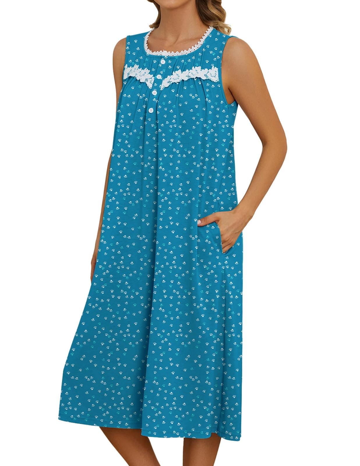 Bloggerlove Women's Sleeveless Nightgown with Pockets and Button Down Design