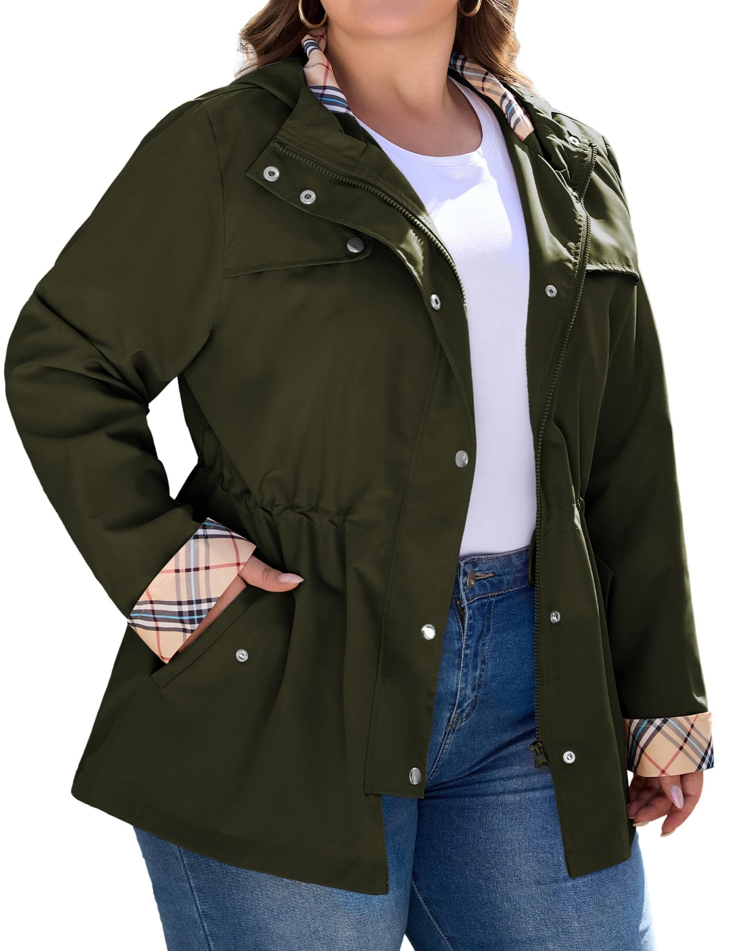 Bloggerlove Women's Plus Size Hooded Outdoor Raincoat Waterproof Trench Coat