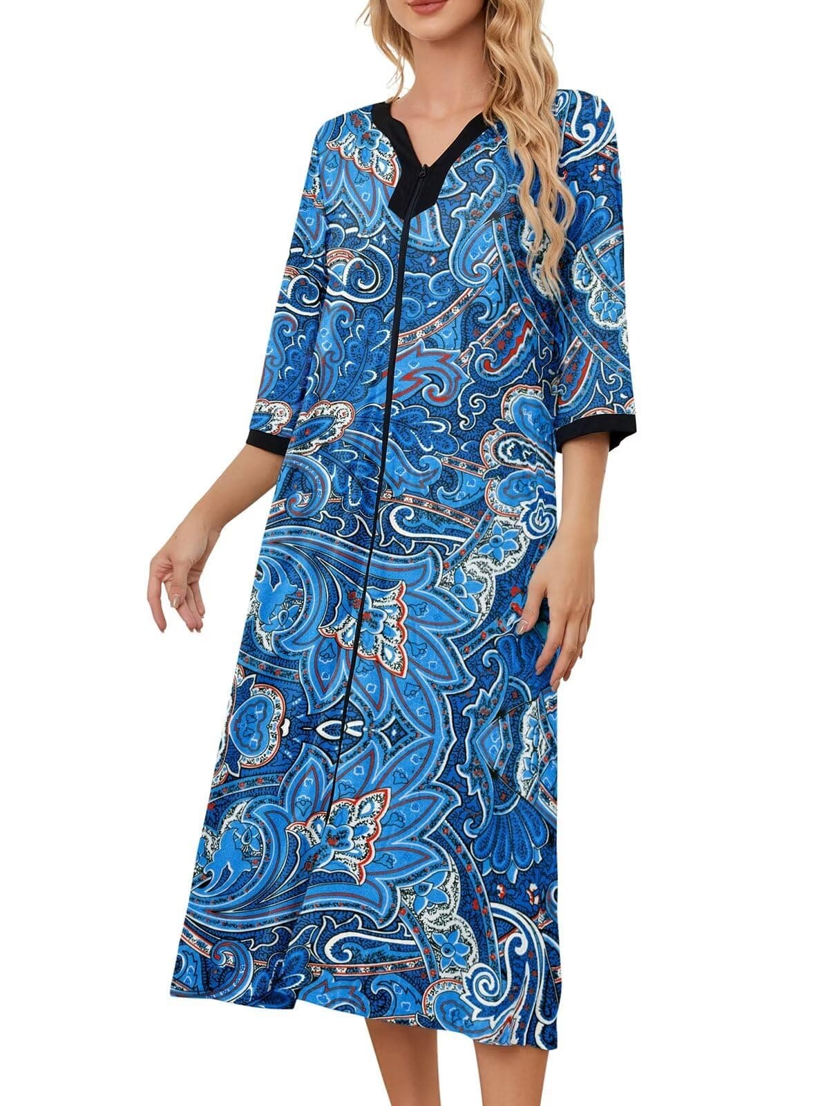 PITINAN Moo Moo Zip-Up Robe for Women Long Lounge Dress S-3XL