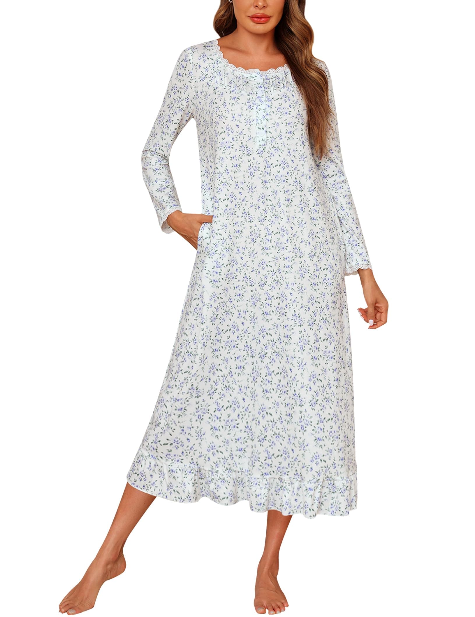 Marvmys Womens Long Sleeve Cotton Nightgown with Lace Trim and Pockets