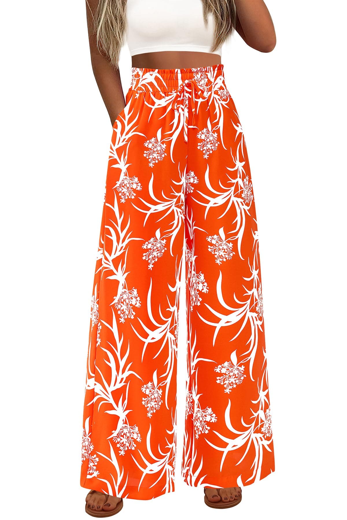 CFLONGE Wide Leg Floral Palazzo Pants for Women High Waist Flowy Boho Trousers with Pockets