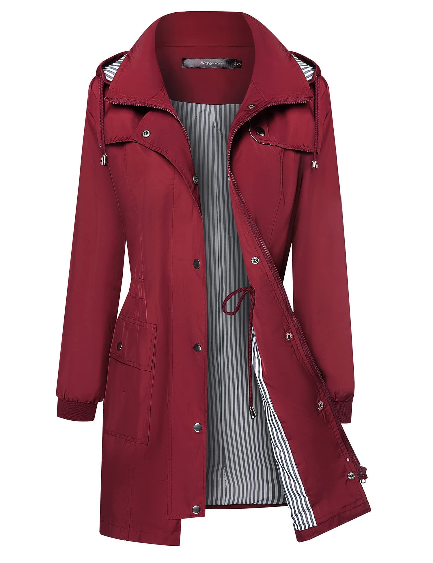 Bloggerlove Women's Lightweight Waterproof Raincoat With Hood Striped Trench Coat S-XXL