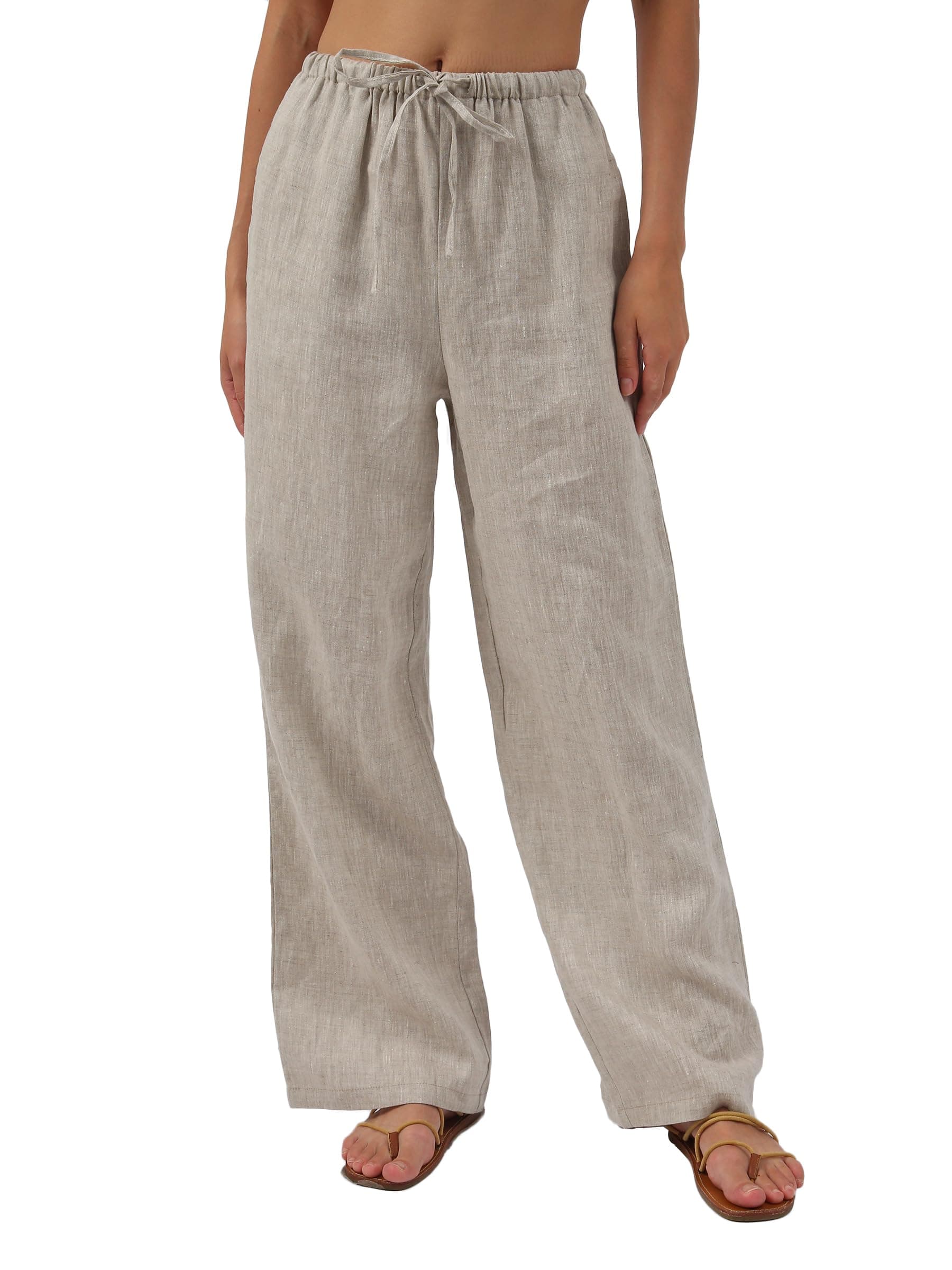 Amazhiyu Women's Pure Linen Summer Drawstring Pants with Pockets