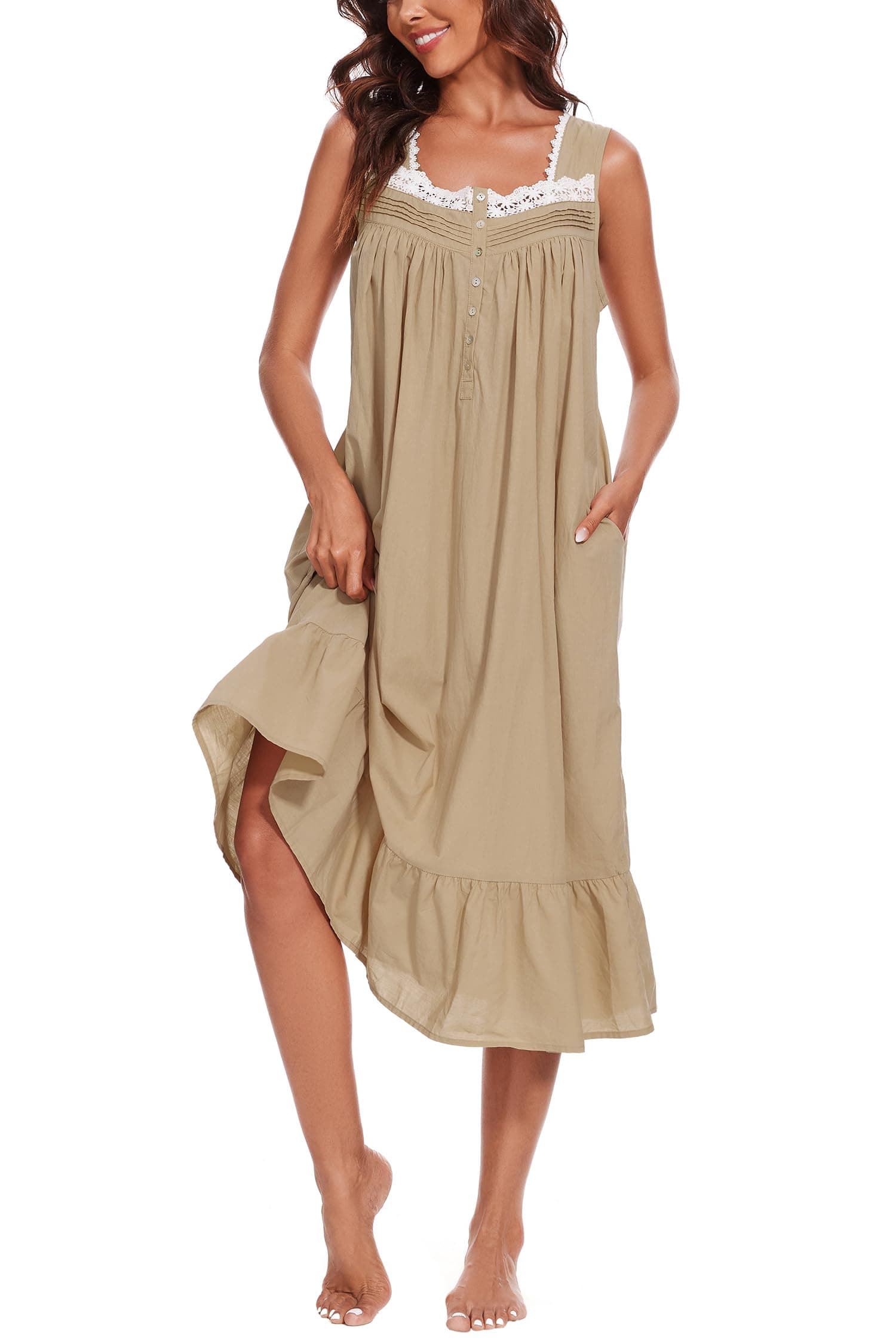 AVIIER 100% Cotton Sleeveless Nightgowns for Women with Pockets